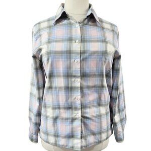 Foxcroft Wrinkle Free Pastel Blue Pink Gray Plaid Button-Up Shirt Office